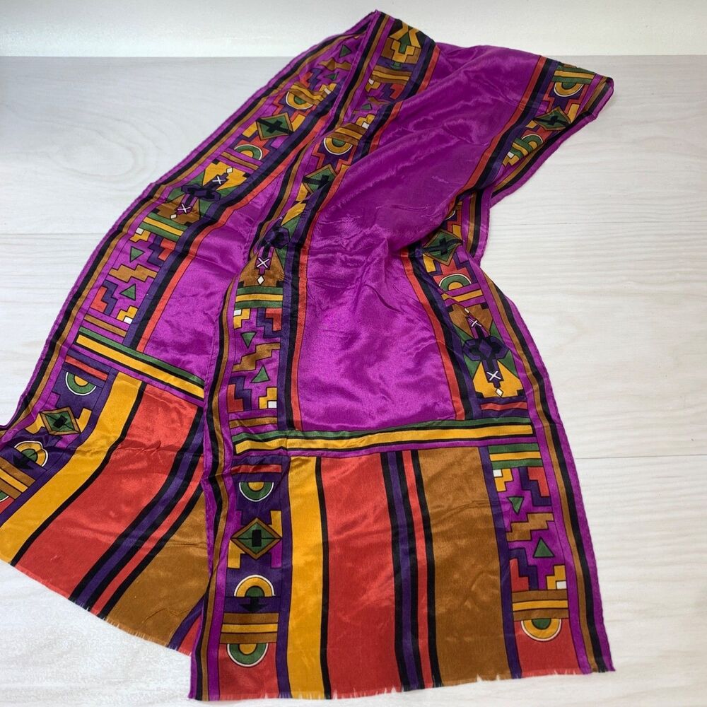 Courtenay Purple Colorful Geometric 100% Silk Scarf‎ 48" Made in Japan